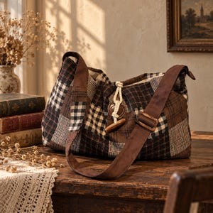 Puede incluir: Un bolso de hombro de patchwork con una mezcla de patrones de cuadros y tartán en tonos marrón, negro y crema. El bolso incluye una correa ancha de color marrón con una hebilla ajustable y un cierre central de palanca con cuerda y madera.