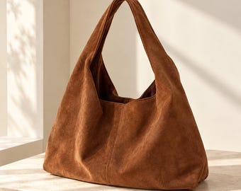 Vintage Suede Hobo Bag, Slouchy Shoulder Purse, Large Soft Tote Bag, 90s Minimal Handbag, Quiet Luxury Everyday Bag for Women