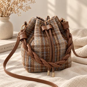 Vintage rutig hinkväska, tartan axelväska, dragskoväska, höstväska i cottagecore-modell, present till henne
