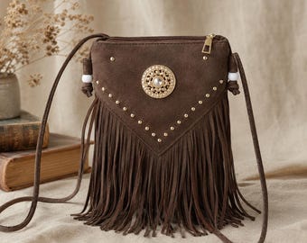 Boho Fringe Crossbody Bag, Western Suede Shoulder Purse, Vintage Tassel Bag, Brown Festival Bag, Cowgirl Style Handbag, Gift For Her