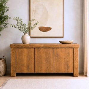 Könnte beinhalten: Ein rechteckiges Sideboard aus Holz mit drei vertikalen Schranktüren und sichtbarer Maserung. Das Möbelstück hat eine dicke Deckplatte und stabile Beine. Eine helle Keramikvase mit grünem Blattwerk und eine flache Schale stehen darauf.