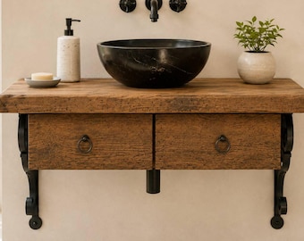 Rustikaler, wandmontierter Badezimmerschrank mit Schubladen | Wandmontierter Waschtisch aus Altholz | Waschtisch im Landhausstil mit Eisenhalterungen
