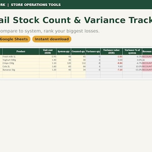 Könnte beinhalten: Eine digitale Tabellenvorlage Retail Stock Count & Variance Tracker für Excel und Google Sheets. Die Tabelle zeigt Spalten für Aisle, Product, Unit cost, System qty, Counted qty, Variance qty, Variance value und Loss rank.