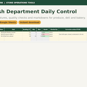 Könnte beinhalten: Eine digitale Vorlage mit dem Titel Fresh Department Daily Control zur Überwachung von Temperaturen, Qualitätsprüfungen und Preisnachlässen. Sie enthält Spalten für Datum, Uhrzeit, Einheit, Messwert in Celsius, Min, Max, Ergebnis und Maßnahmen.