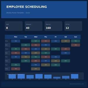Könnte beinhalten: Eine digitale Wochenplan-Vorlage für die Mitarbeiterplanung in Excel mit dunkelblauer Benutzeroberfläche. Sie zeigt Mitarbeiternamen, Wochentage und Schichtzeiten in farbigen Blöcken. Zusammenfassungsfelder zeigen 8 Mitarbeiter, 40 Schichten, 160 Gesamtstunden und 12 Überstunden.