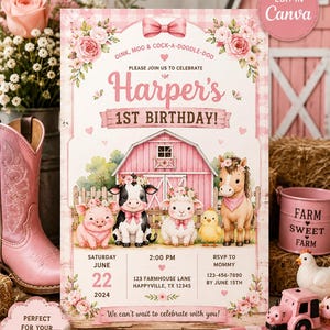 Pode incluir: Um cartão de convite de aniversário retangular com um celeiro rosa, um porco, uma vaca, uma ovelha, um pintinho e um cavalo. O texto diz: Oink, Moo & Cock-a-doodle-doo, Harper's 1st Birthday, Saturday June 22 2024, 2:00 PM, 123 Farmhouse Lane.
