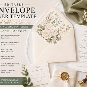 Könnte beinhalten: Eine bearbeitbare Umschlag-Einlagevorlage mit einem Blumenmuster aus cremefarbenen Rosen und grünen Blättern. Das Briefpapier-Set enthält eine Einladung, eine RSVP-Karte und einen Wachssiegelstempel. Der Text umfasst "EDITABLE ENVELOPE LINER TEMPLATE" und "DIY WEDDING STATIONERY" mit den Größen A7, C5, C6 und Square.