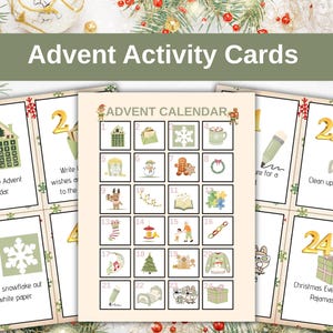 Peut inclure: Un ensemble de cartes d'activités de l'Avent présentant une grille centrale avec vingt-quatre cases numérotées contenant des illustrations de Noël. Les cartes individuelles affichent de grands chiffres dorés et des instructions.