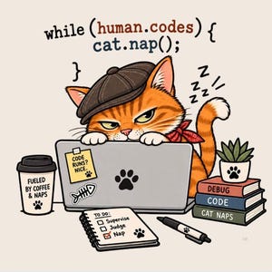 May include: An orange tabby cat wearing a dark cap behind a laptop with a sticker of a fish bone and a paw print. Text reads: while (human.codes) { cat.nap(); }. A coffee cup, a notepad with a to-do list, a pen, and three stacked books are present.
