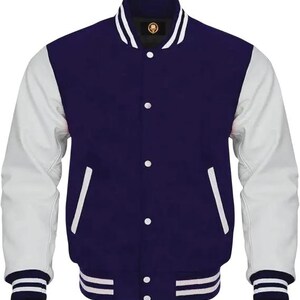 Navy Blue & White Varsity Letterman Jacket, Classic Baseball Streetwear Outerwear
