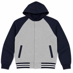 Gray & Navy Hooded Varsity Jacket | Snap Front Bomber | Retro College Streetwear Jacket