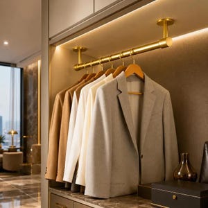 May include: A gold-toned metal closet rod mounted to the ceiling, featuring a series of wooden hangers holding several blazers in shades of tan, cream, and grey. The rod has a smooth, cylindrical design with circular mounting plates at each end.