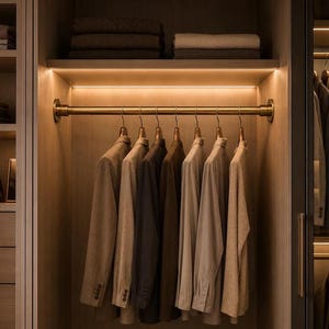 Könnte beinhalten: Eine messingfarbene Metall-Kleiderstange, die horizontal zwischen zwei Holzpaneelen montiert ist und sieben Kleiderbügel mit verschiedenen neutralfarbenen Kleidungsstücken wie Blazern, Hemden und Pullovern trägt, beleuchtet durch integriertes warmes LED-Licht.
