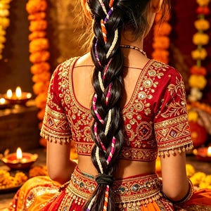 May include: A long, dark hair braid interwoven with colourful, multi-textured yarn strands. The hair is styled in a single plait, accented with vibrant orange, white, purple, and pink cord wraps, secured with a simple black hair tie at the base.