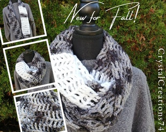 Infinity scarf, hand knit Infinity scarf, light and airy scarf, women's outerwear, black grey white infinity scarf