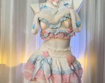 Pastel Bunny Ear Cosplay Outfit, Kawaii Lolita Ruffled Tiered Skirt Set, Cute Fluffy Rabbit Lingerie Costume, Party Festival, Gift for Her