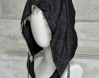 Black Jacquard Hooded Scarf, Gothic Head Wrap with Metal Fringe Tassels & Long Chain, Dark Alternative Aesthetic Headwear Gift for him her
