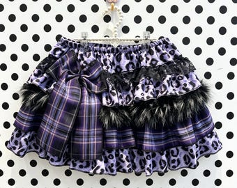 Purple Leopard Plaid Tiered Cake Mini Skirt, Faux Fur Ruffle Skirt, Y2K Alt J-Fashion Skirt with Big Side Bow