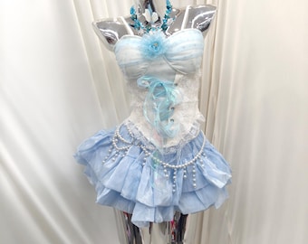 Light Blue Ruffled Corset Two Piece Outfit, Lace Cami Top & Tulle Mini Skirt With Pearl Chain