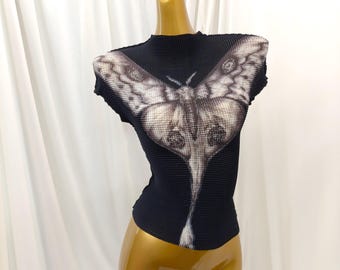 Débardeur à col montant plissé imprimé papillon gothique, chemise moulante extensible et froissée sans manches style alternatif sombre