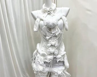 White Corset 2 Piece Set, Wing Decor Bustier + Ruffle Tiered Mini Skirt, Cute Lolita Outfit, Harajuku Cosplay Set, Gift for her