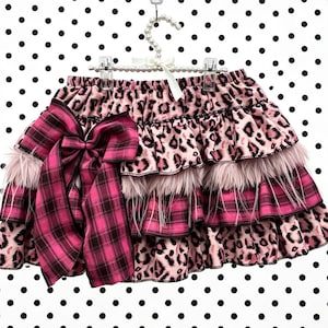Roze luipaardprint pluche geruite minirok met ruches en grote strik, elastische tailleband, Y2K Gyaru Scene alternatieve rok