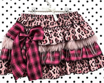 Pink Leopard Plush Plaid Tiered Ruffle Mini Skirt, Big Plaid Bow Elastic Waist Y2K Gyaru Scene Alt Skirt
