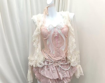 Pink Lace Corset Three Piece Set Sheer Ruffle Sleeve Shrug Pearl Chain Tiered Mini Skirt Sweet Lolita Outfit