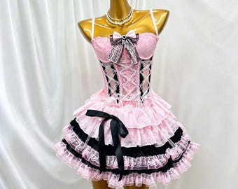 Pink Black Lolita Two‑Piece Set, Lace Corset Top + Tiered Ruffle Mini Skirt, Sweet Goth Bow Outfit, Halloween Cosplay Party Costume
