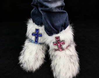 Remake White Faux Fur Snow Boots, Colorful Rhinestone Cross Strap Boots, Alt Fluffy Winter Boots, Gift for Her