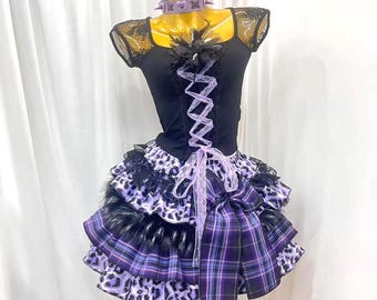 Black & Purple Leopard Plaid Feather Multi Ruffle Skirt Set, Y2K Gothic Lace Top Outfit, Gift for Her