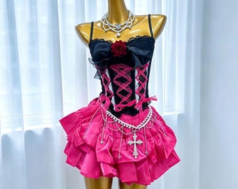 Gothic Black Hot Pink Corset Two‑Piece Outfit | Ruffle Skirt With Cross Pearl Waist Chain, Party Set, Gift For Her