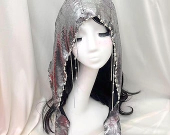 Silver Metallic Hooded Headpiece, Beaded Tassel Chain Gothic Cosplay Head Wrap, Music Festival Head Cover, For Party Or Gift For Her