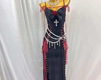 Dark Vampire Style Black Red Goth Dress, Off Shoulder Lace Ribbon Pearl Chain Gothic Evening Gown, Gift For Her