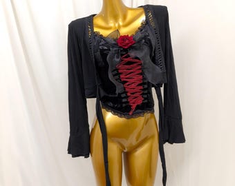 Schwarzes Samt-Gothic-Korsett-Top, rotes Rosen-Schnürbustier, Spaghettiträger-Top für dunkle Romantik an Halloween