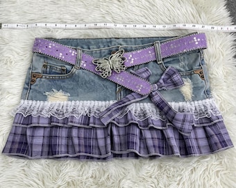 Y2K Gyaru Purple Plaid Denim Tiered Mini Skirt, Lace Ruffle Low Waist Micro Skirt, Handmade Reworked Distressed Denim Skirt