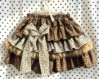 Leopard Print Faux Fur Tiered Ruffle Mini Skirt, Elastic Waist Side Bow Y2K Gyaru Alt Scene Kid Skirt
