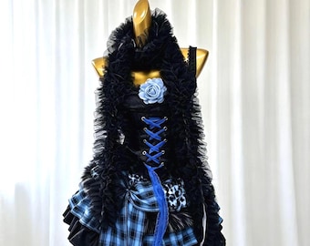 Black‑Blue Plaid Gothic Lolita Two‑Piece Set, Lace‑Up Corset Top & Tiered Ruffle Skirt, Dark Harajuku Alt Coord Outfit, Gift For Her