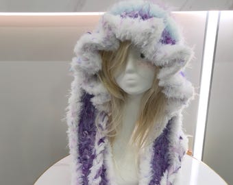 Hand Crocheted Fluffy Hood Scarf, White Purple Tonal Furry Ruffled Edge Neck Accessory