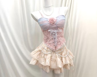Pink Blue Rose Lace Corset Set, Champagne Layered Ruffle Mini Skirt Balletcore Outfit