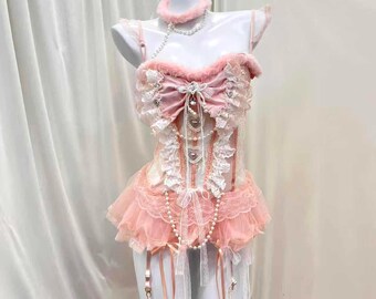 Pink Furry Lace-Trim Slip Dress, Party Rave Dress, Sexy Cami Dress, Gift for Her
