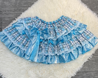 Blue Plaid Glitter Tiered Ruffle Skirt, Sweet Lolita Cake Skirt with Big Bow, Handmade Harajuku Mini Skirt