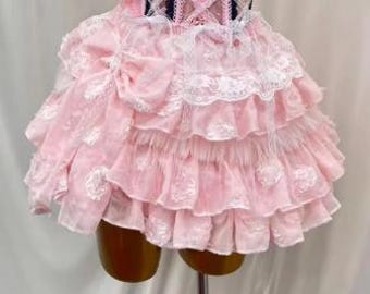 Pink Leopard Plush Plaid Tiered Ruffle Mini Skirt, Big Plaid Bow Elastic Waist Y2K Gyaru Scene Alt Skirt