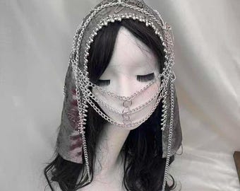Steampunk Metallic Shimmer Headscarf, Multi-Layer Silver Chain Gear Fringe Head Wrap Gift for him her