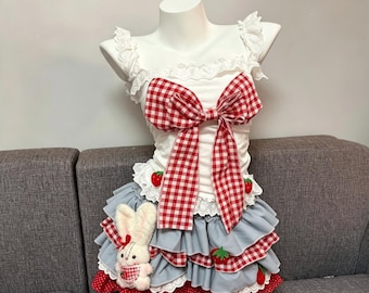 Strawberry Gingham Ruffle Lolita 2 Piece Outfit, Lace Cami Top & Tiered Cake Skirt Set, Cute Co‑ord for Daily Party Cosplay Gift for Her
