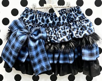 Blue Leopard Plaid Faux Fur Tiered Ruffle Mini Skirt, Punk Y2K Dark Coquette Cake Skirt