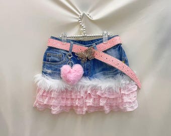 Y2K Denim Mini Skirt with Pink Lace Feather Trim, Comes with Sequin Belt & Heart Charm For Party Or Gift For Her