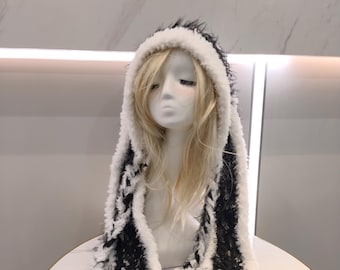 Black White Blend Hand Crochet Plush Hood Scarf, Fluffy Furry Cold Weather Accessory