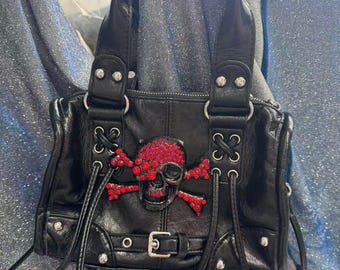 Y2K Black Skull Rhinestone Handbag, Punk Gothic Rivet Tassel Shoulder Bag, Alt Biker Purse, Gift For Her