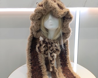 Handmade Fuzzy Plush Bucket Hat, Brown Mix Ruffled Brim Winter Furry Hat